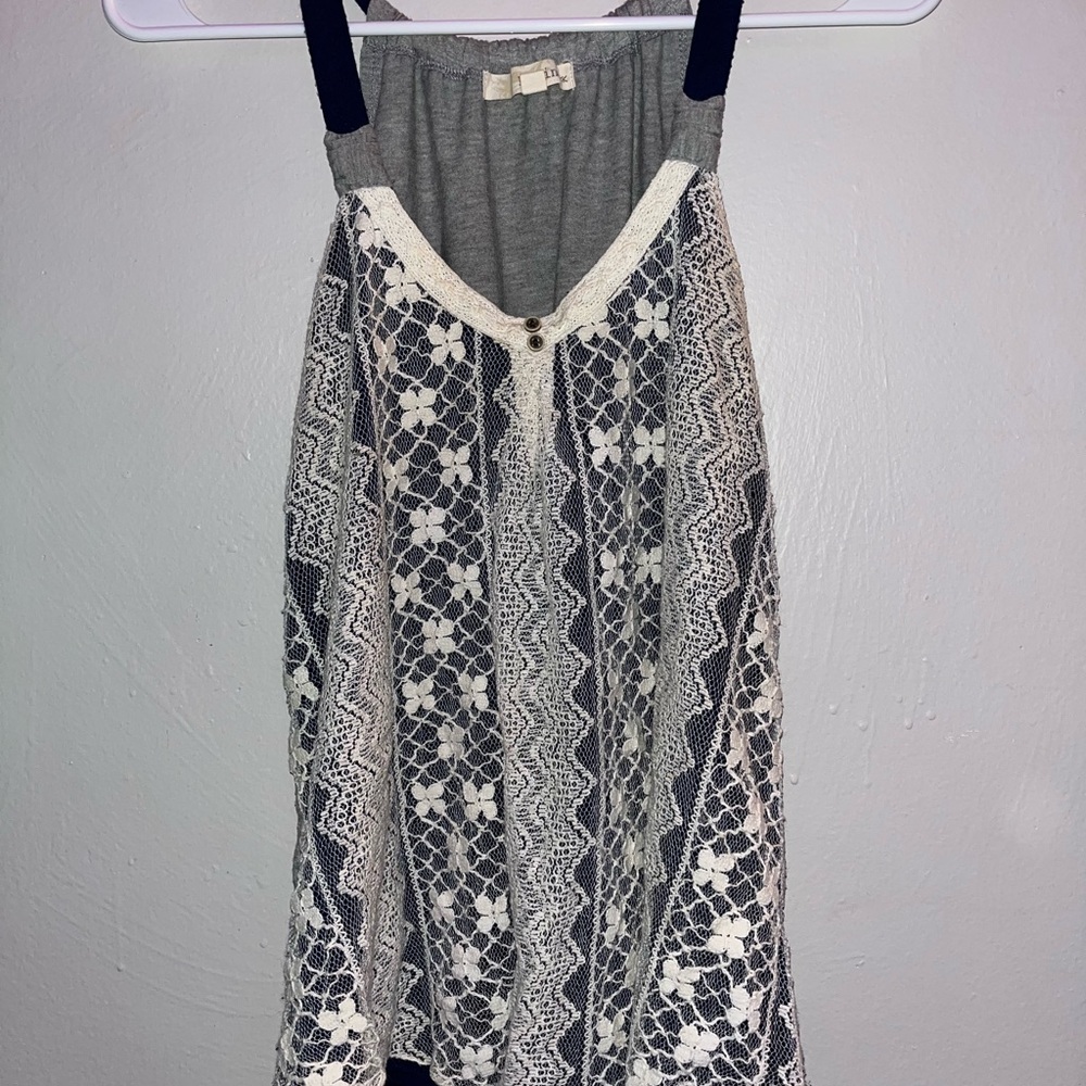 Rewind Lace Overlay Tank Top - Gray and White